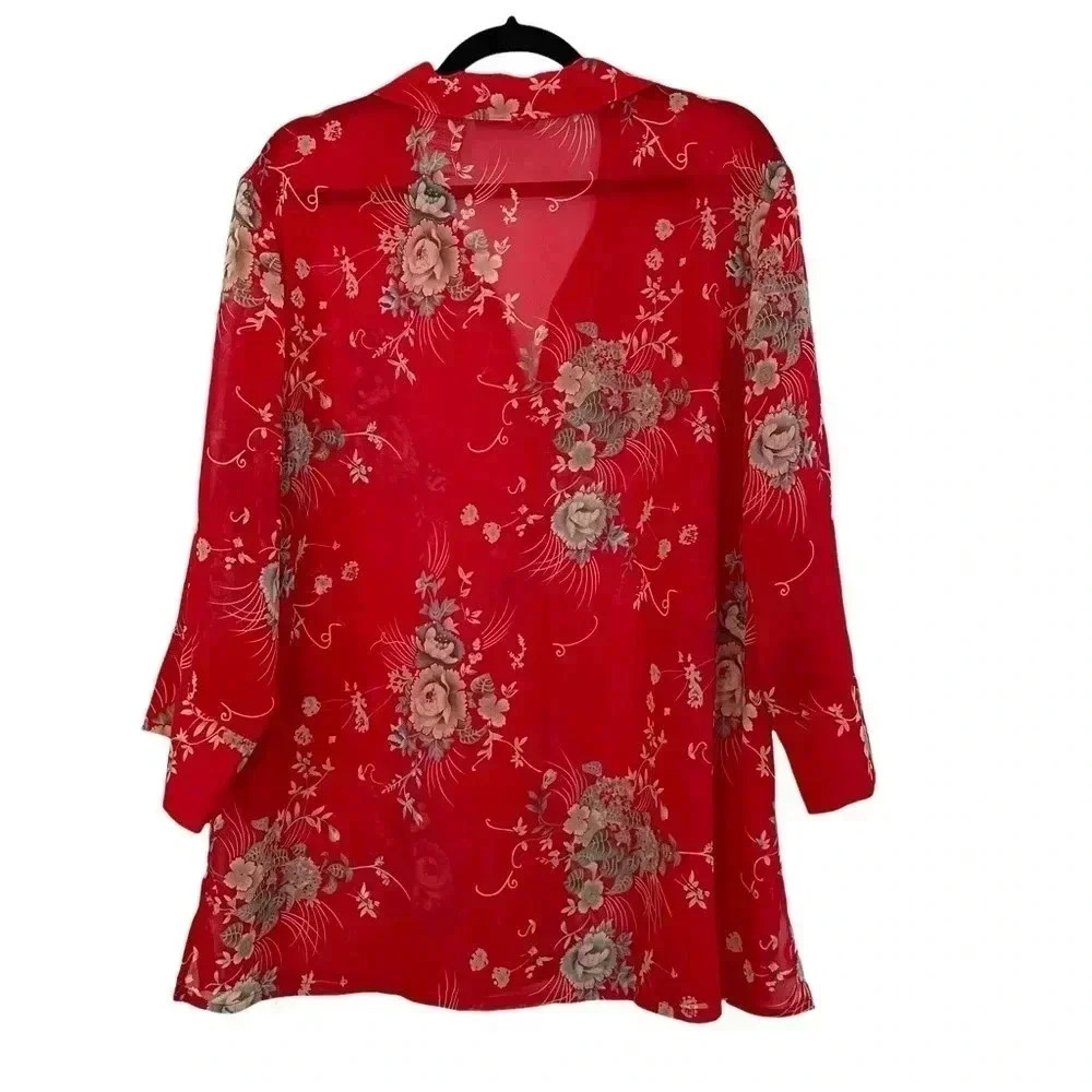 Vintage Red Sheer Floral Blouse Top 3/4 Sleeve 18W - Picture 2 of 5